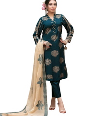 Teal Green Embroidered Silk Suit