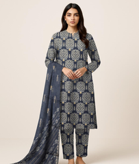 Navy Blue Dhanak Printed 3 Piece Suit