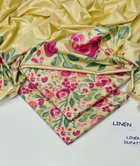 Yellow Floral Printed Linen 3 Piece Suit with Dupatta