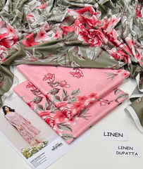 Soft Pink & Olive Floral Linen 3-Piece Unstitched
