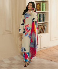 Cream Digital Floral 3 Piece Lawn Suit with Colorful Dupatta
